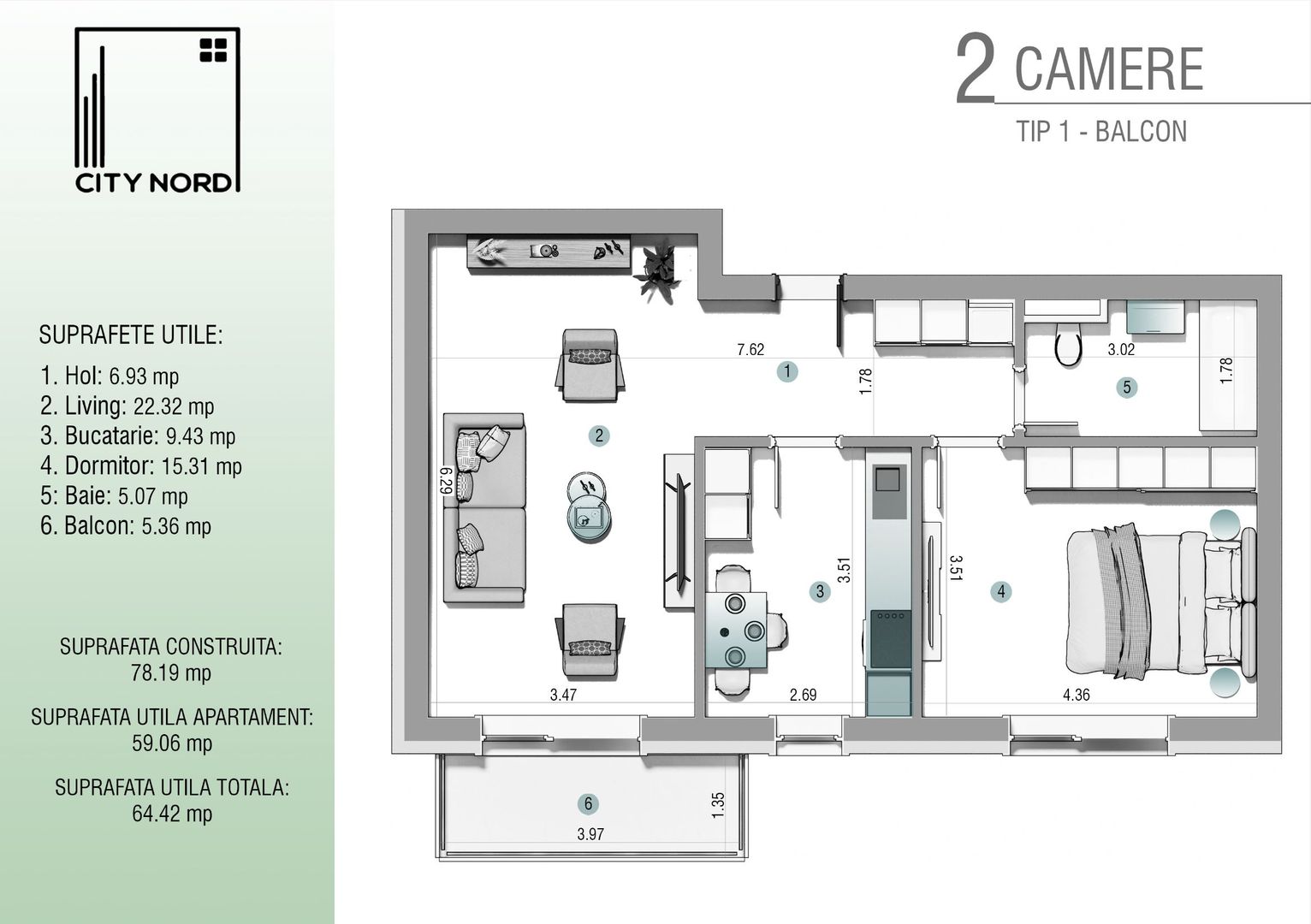 Apartament 2 camere - 64.4 mp utili - CITY NORD 1 Decembrie - Poză 1