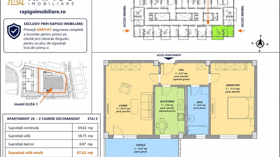 Apartamentul nr. 26 | 2 camere decomandat | Etaj 3 | Terasă 8,87 mp | - Poză 1