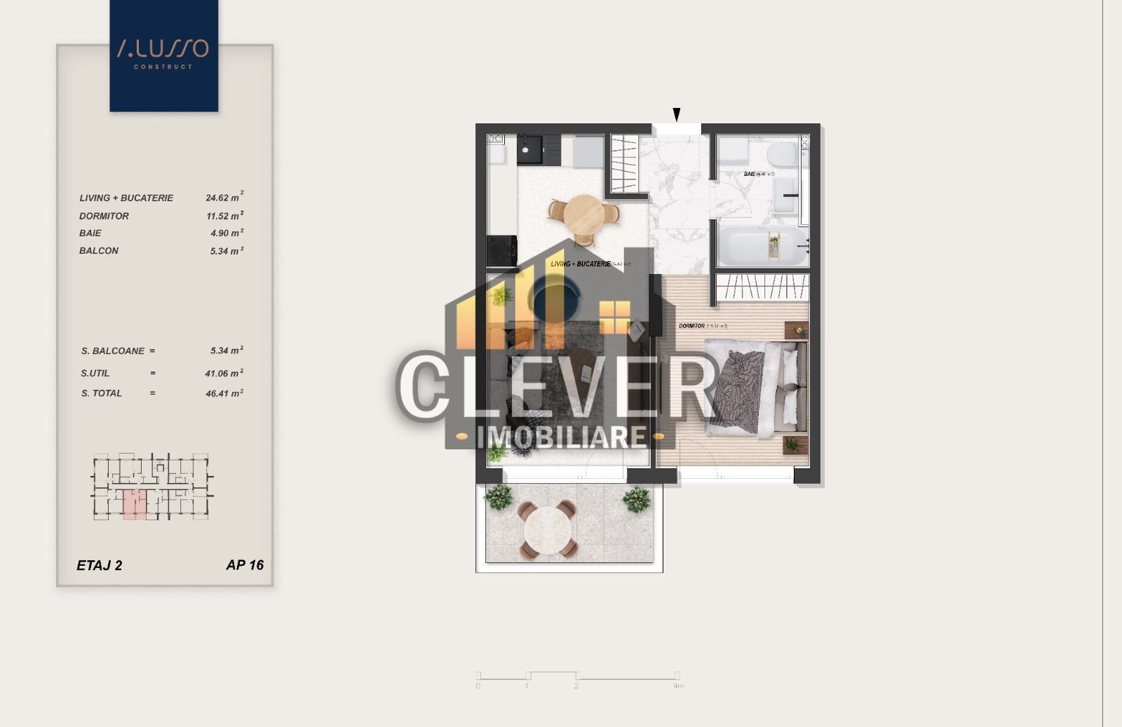 Studio 46 mp Total | Dormitor Separat | Bloc Nou P+3 | Pallady - Schiță 9