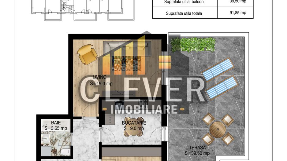 2 Camere | 91,85 mp Total | Terasa 39,5 mp | Etaj 4 | Pallady - Schiță 2