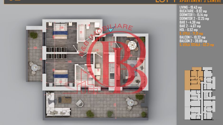 Apartament 3 camere Cu terasa Generoasa-Titan Th. Pallady - Schiță 1