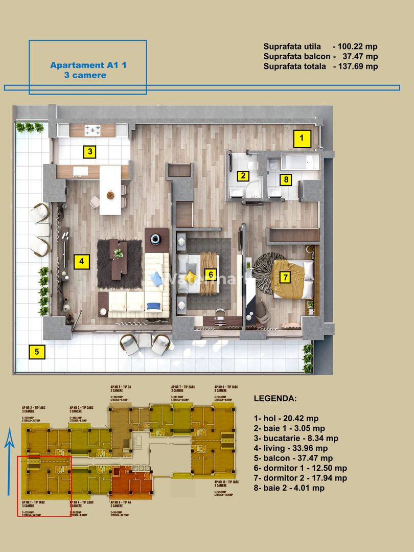 Apartament 3 camere Tip A1 1 - Schiță 8