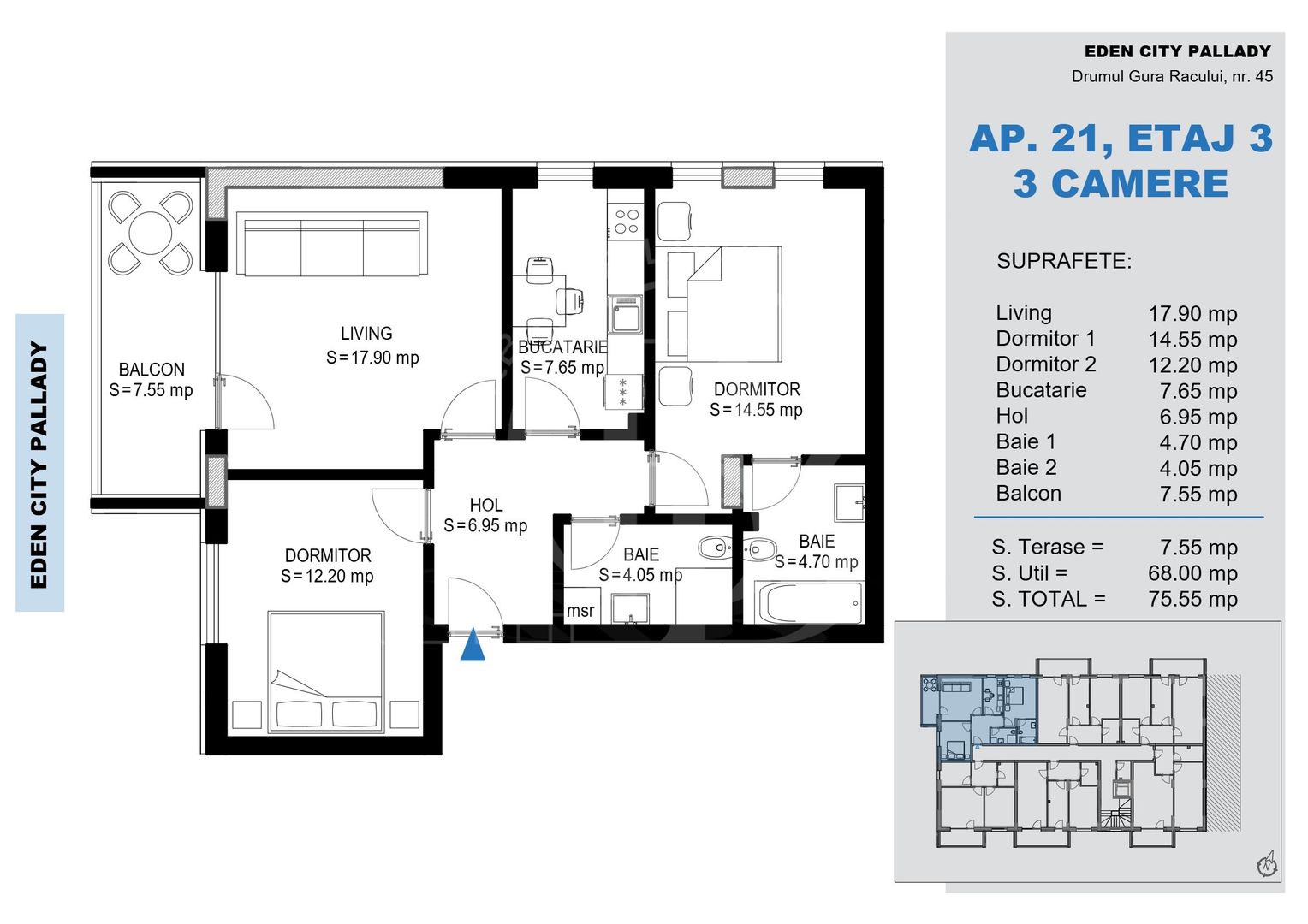 Apartament decomandat 3 Camere -Titan Pallady-Metrou Teclu - Schiță 1