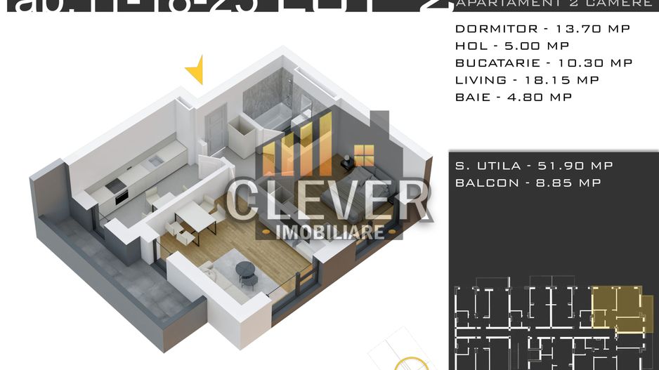 Apartament 2 cam cu Bucătărie Închisă și Parcare GRATUITĂ - Schiță 9
