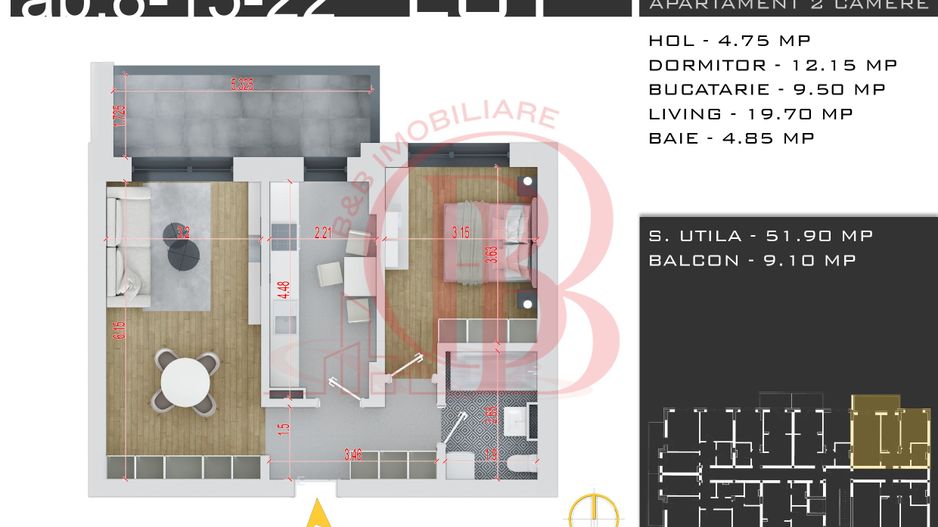 2 camere decomandat -Loc Parcare Gratuit -Th. Pallady - Schiță 2