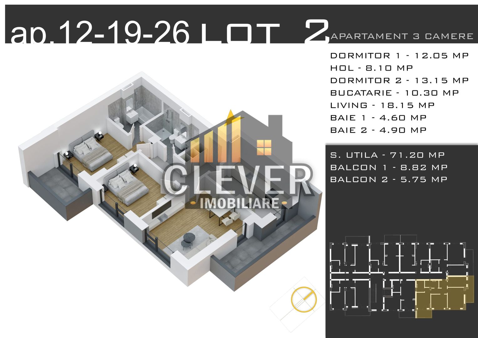 Apartament 3 Camere cu 2 Balcoane – 85mp Totali – Zona Pallady – Comision 0% - Schiță 9