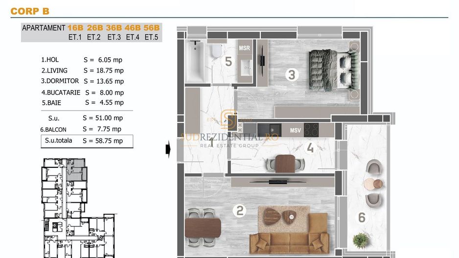 Apartament in zona Bd.Brancoveanu - 2 camere + balcon, Comision 0% - Schiță 5