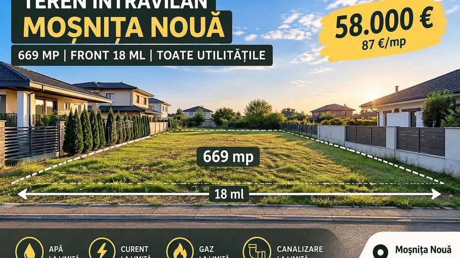 Teren intravilan 669 mp | Front 18 m | Moșnița Nouă | 58.000 € - Poză 1