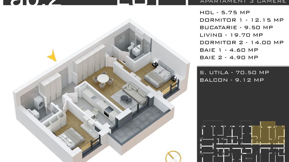 3 camere -parcare inclusa - proiect nou -Pallady - Schiță 11