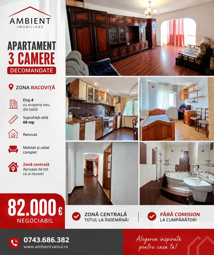 Apartament cu 3 camere, mobilat și utilat, VASLUI - zona CENTRU; - Poză 1