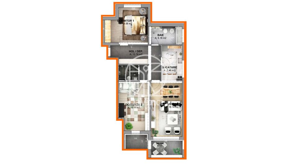 Apartament 3 camere, decomandat, aer conditionat (NCL-37D-Mo-ap.3) - Poză 9