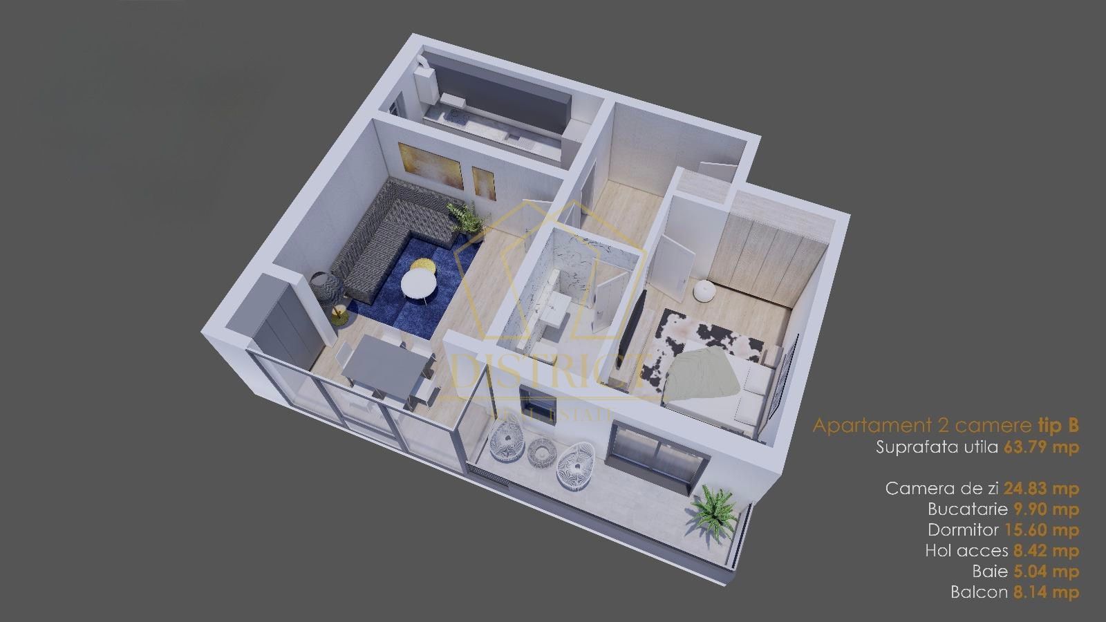 Apartament cu 2 camere decomandat 64 mp utili, lift in Giroc zona Planetelor. - Schiță 15