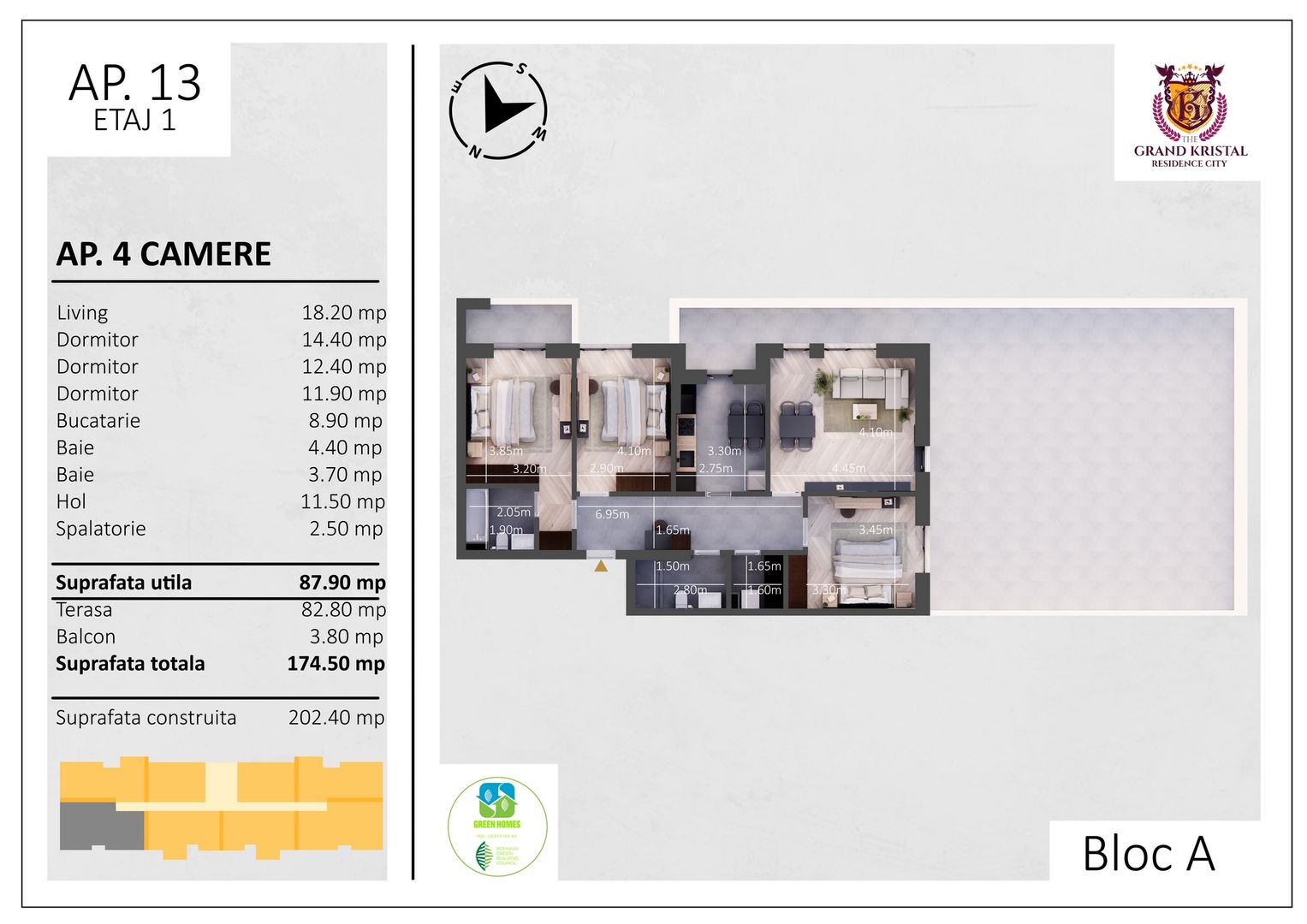 Apartament cu 4 camere, terasa 83mp - The Grand Kristal, Sector 4 - Schiță 8