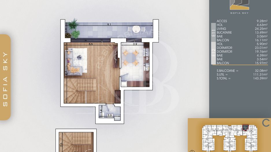 Finalizat-Mutare Rapida la 7min Metrou Duplex 3 camere cu 3 bai - Schiță 2