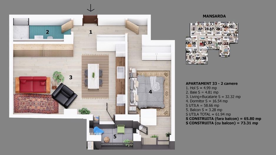Apartament 2 camere 58.66 mp utili | bloc cu lift | Otopeni central - Schiță 10