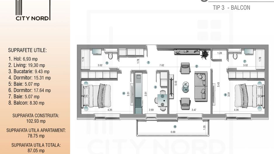 Apartament 3 camere - 87,05mp - CITY NORD 1 Decembrie - Schiță 1