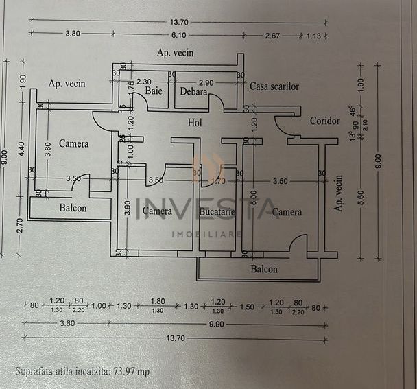 Apartament 3 camere la etajul 2, decomandat! Zona Petrom Manastur! - Schiță 11