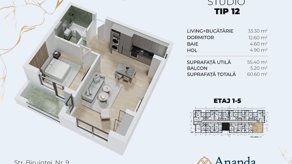 Studio foarte spatios, ideal locuința, direct dezvoltator - Poză 1