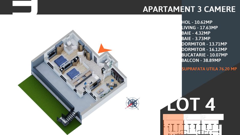 Apartament 3 camere cu Gradina Titan Pallady Metrou Nicoale Teclu - Schiță 9