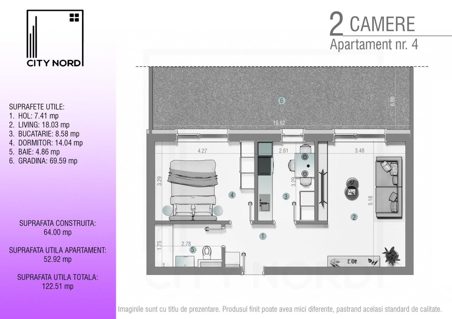 Apartament 4 – 2 camere – 52.9 mp – Grădină – Parter - Poză 1