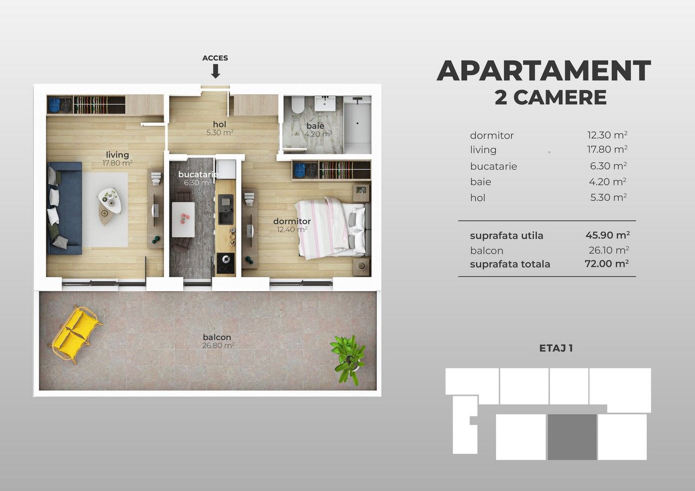 Apartament nou 2 camere si balcon 26 mp, bloc finalizat, Brancoveanu - Schiță 7