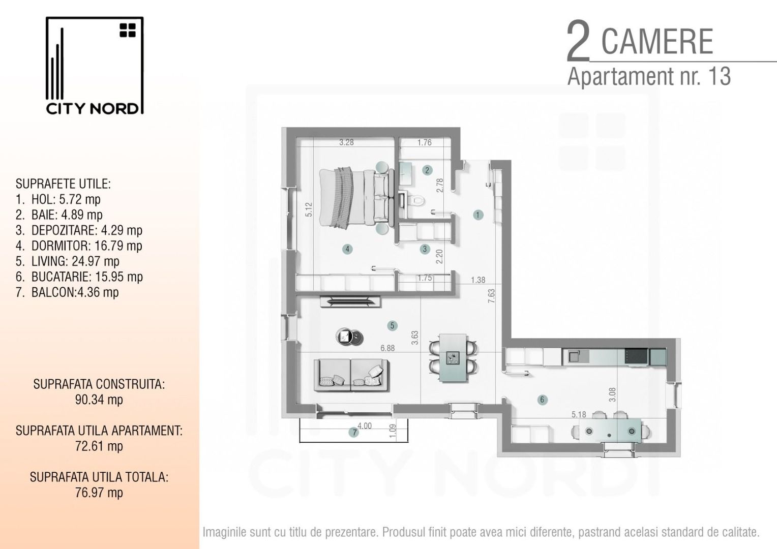 Apartament 13 / 25 – 2 camere – 72.6 mp – Balcon – Etaj 1 / Etaj 2 - Poză 1