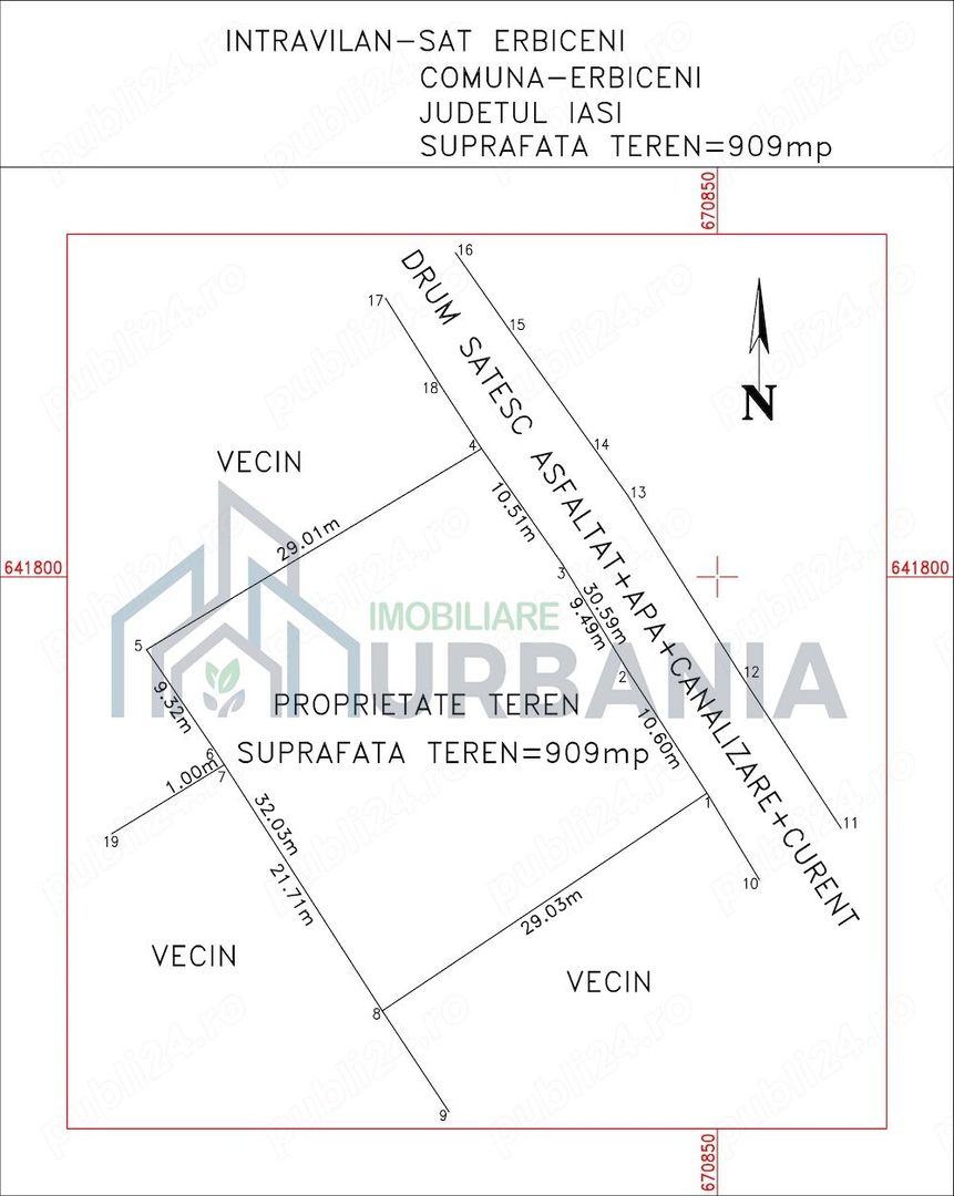 Teren intravilan 909 mp, Erbiceni – utilitati la proprietate (apa, canalizare, energie electrica, drum asfaltat) - Poză 1