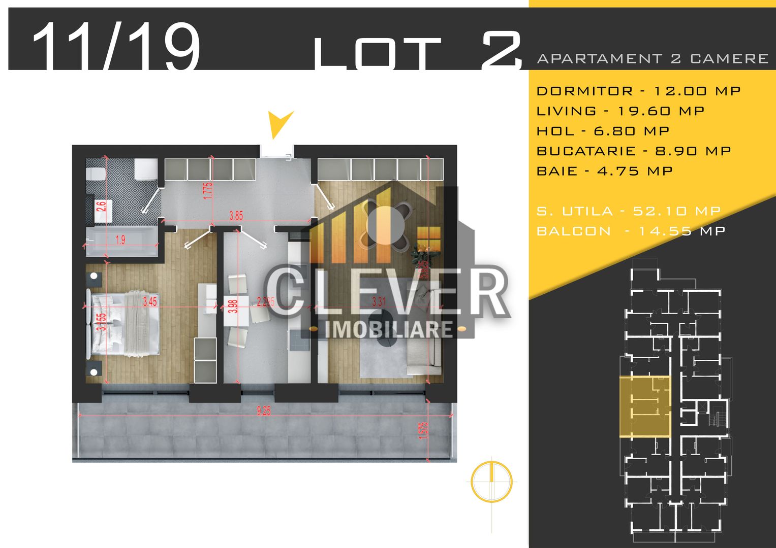Apartament 2 cam Luminos cu balcon de 14mp –  Pallady - Schiță 11