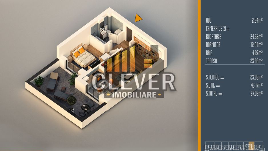 2 camere cu terasă 24 mp | Open space | Pallady - Schiță 11