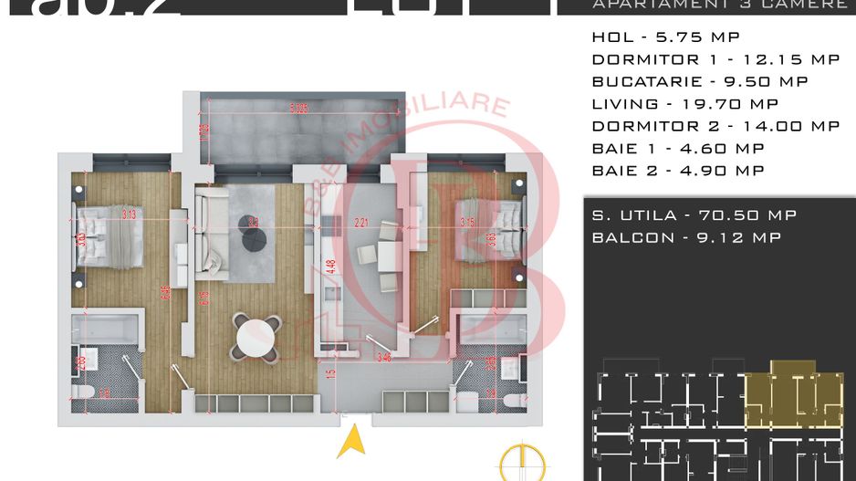 Th Pallady- 3 camere-Decomandat-Metrou Teclu-Promo Parcare - Schiță 13
