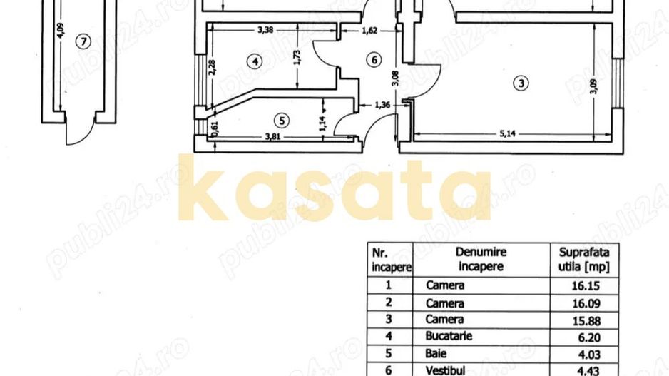 3 camere de închiriat | Floreasca | 63 mp | renovat | boxă - Schiță 5