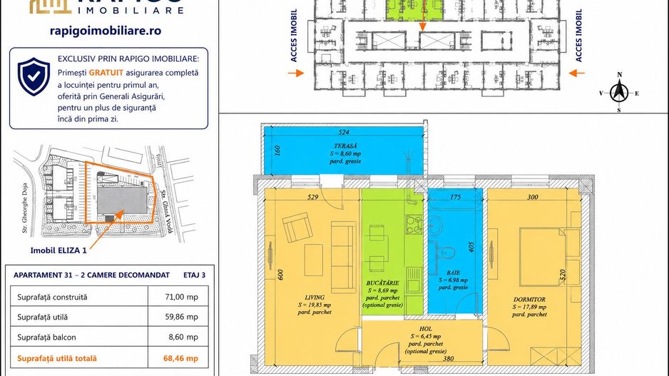 Apartamentul nr. 31 | 2 camere decomandat | Etaj 3 | Terasă 8,60 mp | - Poză 1