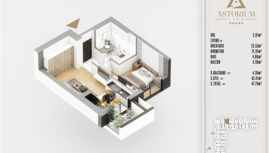 AP. 2CAM. CU LIVING OPEN-SPACE / ETAJ 3,BLOC FINALIZAT. ASTORIUM! - Poză 4