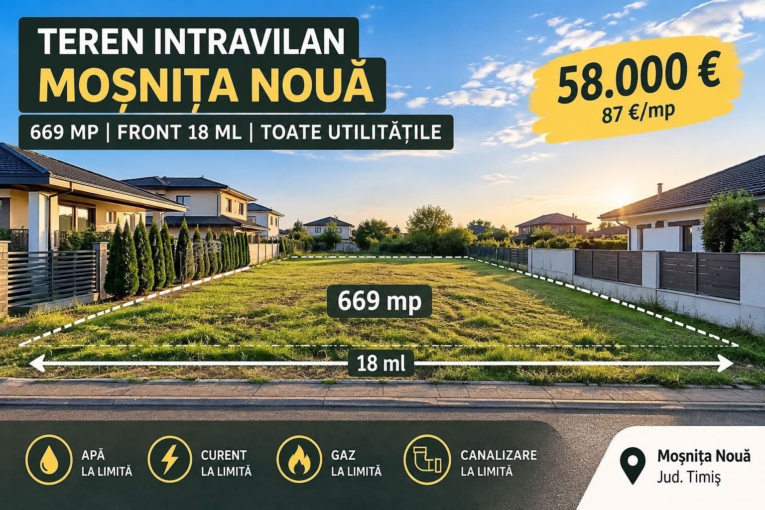 Teren intravilan 669 mp | Front 18 m | Moșnița Nouă | 58.000 € - Poză 1