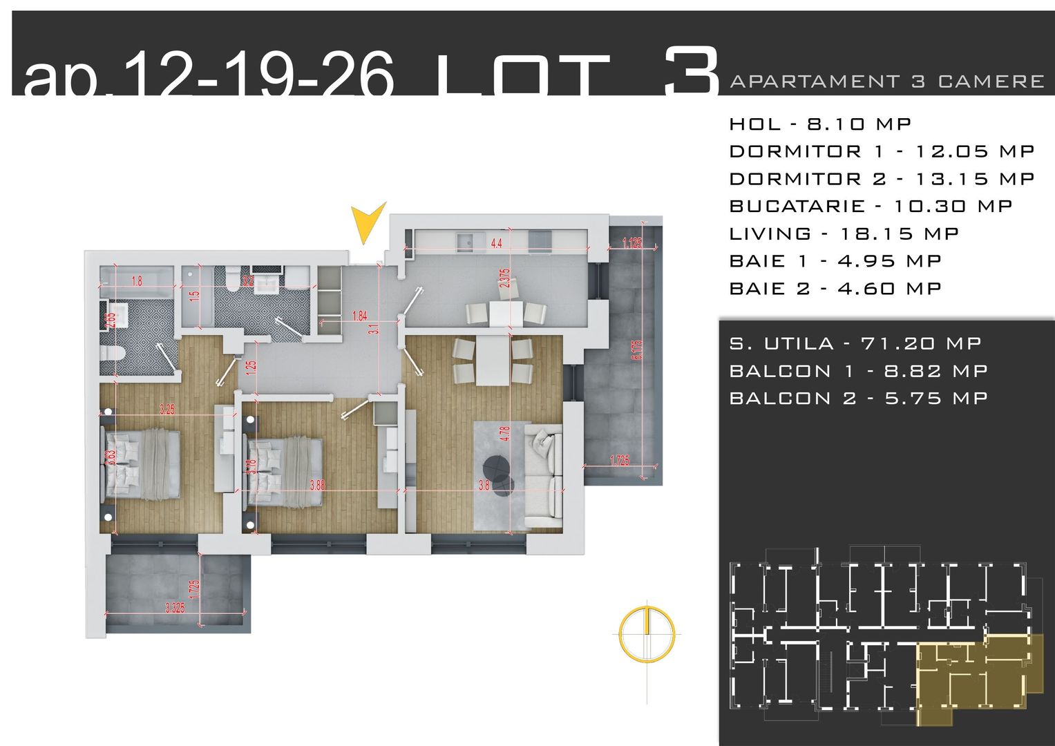 3 camere -parcare inclusa - proiect nou -Pallady - Schiță 2