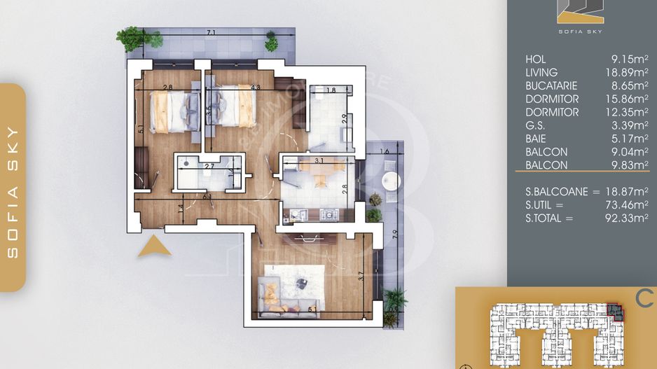 Apartament 3 camere Mutare Rapida-Acte Gata Th. Pallady - Schiță 2