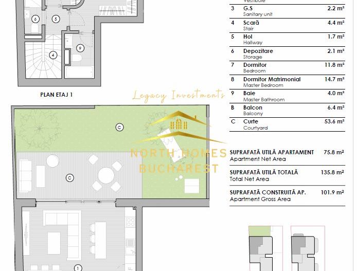 Apartament de lux 3 camere de tip duplex cu curte proprie - Domenii - Poză 17