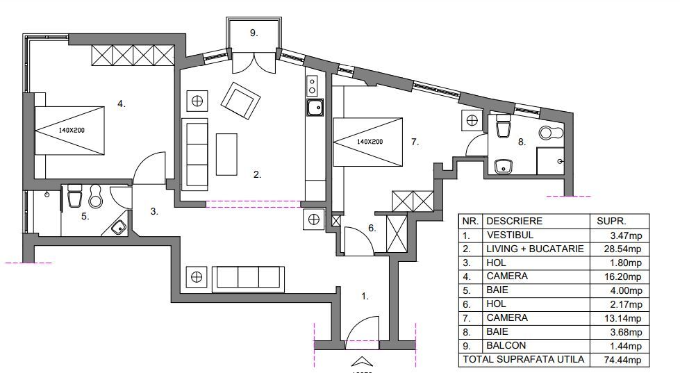 Apartament 3 Camere Spatios Romana Renovat - Schiță 9