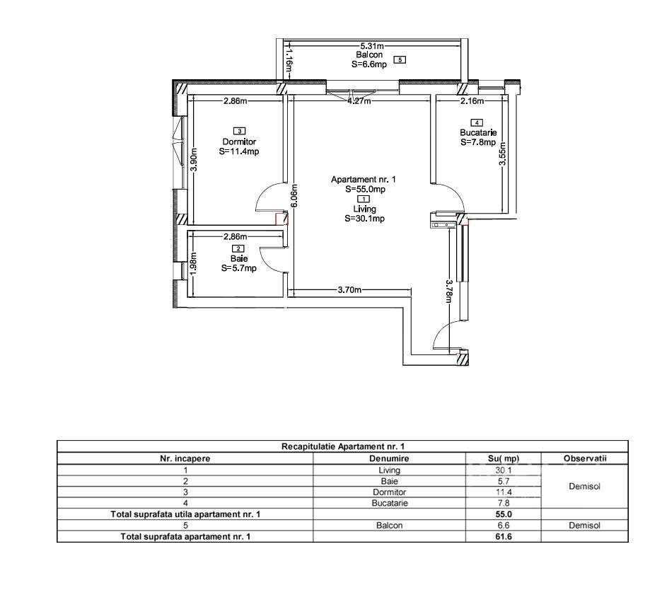 Apartament 2 Camere | Bucatarie Separata | Bloc Nou | Terra, Floresti - Schiță 4