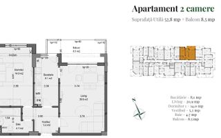 2 camere Pallady, bucătărie separată, balcon 8,5 mp - Schiță 15