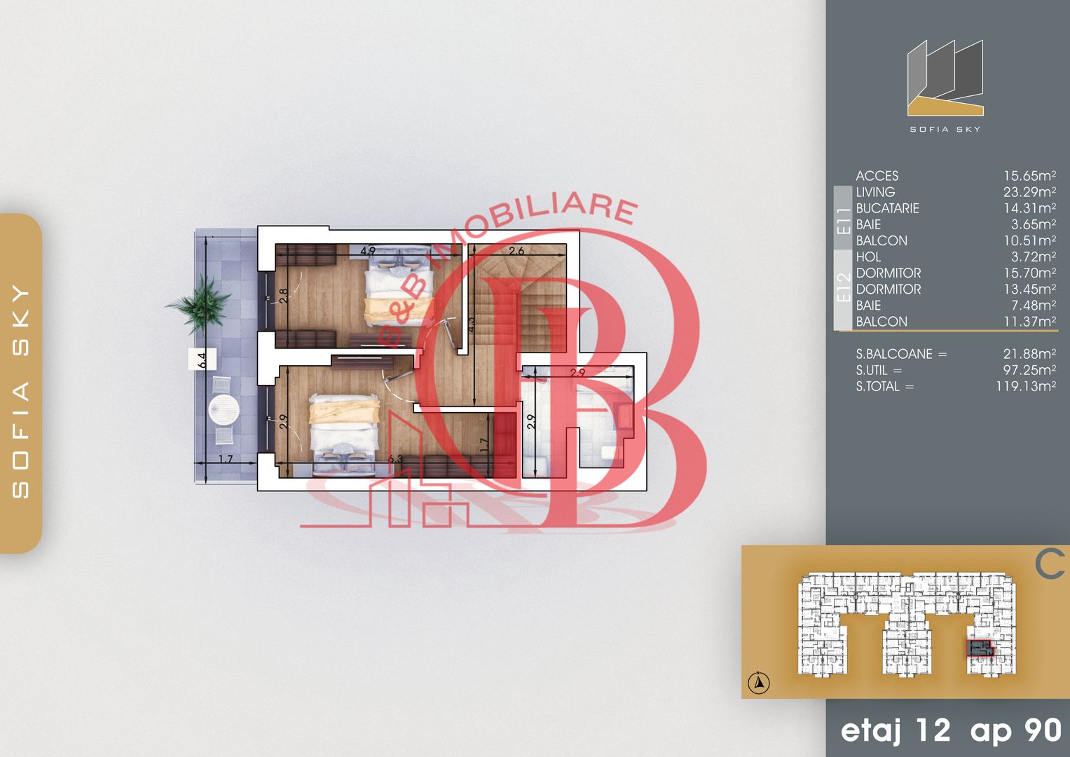 Duplex 3 camere cu 2 balcoane | Bucatarie Inchisa 14mp - Schiță 5