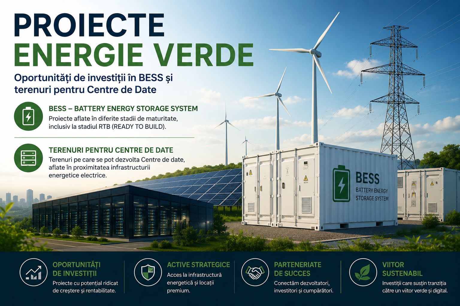 Terenuri pentru Centre de Date – Oferte de terenuri potrivite pentru dezvoltarea centrelor de date, amplasate în proximitatea infrastructurii energetice electrice, cu acces la capacități de racordare și potențial ridicat pentru investiții.Terenuri  situate în proximitatea infrastructurii energetice naționale pe care pot fi dezvoltate Centre de Date – deținem în portofoliu terenuri pe care pot fi dezvoltate Centre de date, cu suprafețe de 50 - 60 ha, care sunt amplasate în proximitatea infrastructurii energetice electrice naționale, cu acces la capacități de racordare și potențial ridicat pentru investiții în Daca CentersBESS (Battery Energy Storage Systems) – Proiecte aflate în diferite stadii de dezvoltare, inclusiv în faza RTB (Ready to Build), disponibile pentru achiziție, investiții sau parteneriate.BESS (Battery Energy Storage Systems) – capabilitățile de stocare a energiei electrice, diferențiate în funcție de capacitate și viteza de încărcare/descărcare reprezintă proiecte de mare interes actualmente, iar portfoliul nostru cuprinde proiecte aflate în diferite stadii de dezvoltare, inclusiv în faza RTB (Ready to Build), disponibile pentru achiziție, investiții sau parteneriate.Proiectele de parcuri fotovoltaice pe care le deținem în portofoliu, oferă clienților cumpărători de a achiziționa firmele care au obținut avizele și aprobările, iar unele dintre acestea dețin în patrimoniu și terenurile pe care le urmează a fi dezoltate parcurile. Există, de asemeni, posibilitatea de a achiziționa ulterior terenul sau de achita superficie, în baza unui contract încheiat cu proprietarul persoană fizică, juridică sau UAT.Proiectele pe care deținem în portofoliu au capacități de la  40 Mwh la 1000 Mwh.