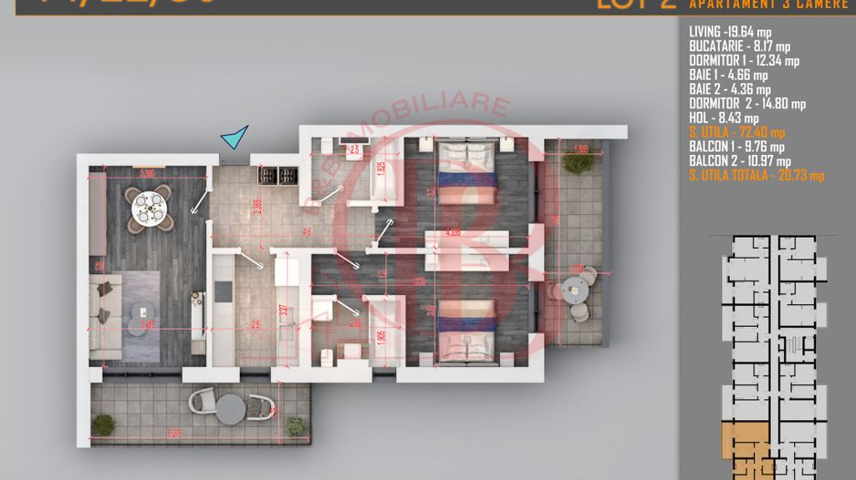 Apartament 3 camere Titan Th. Pallady-Sector 3-Metrou Teclu - Schiță 1
