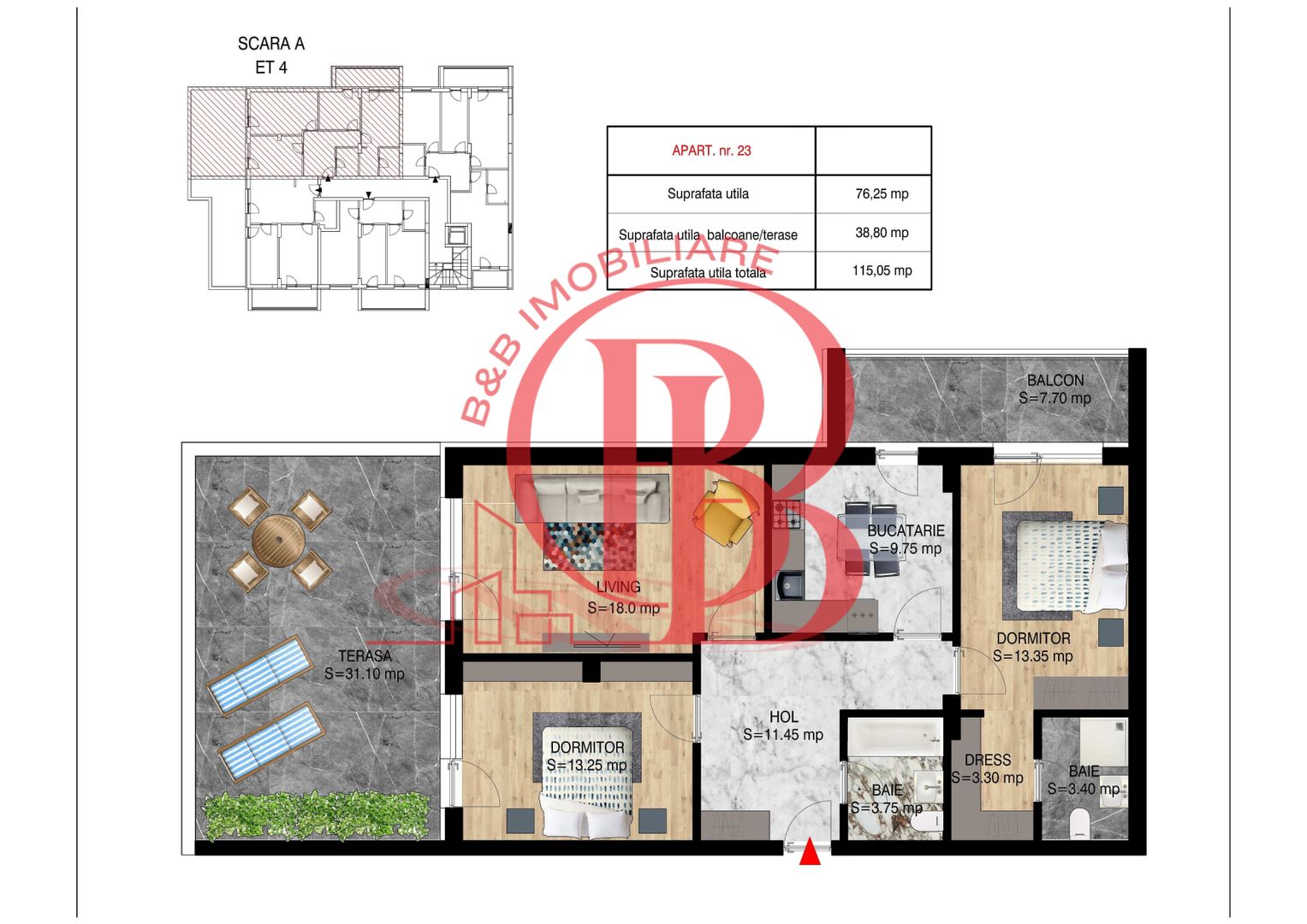 3 camere decomandat cu terasa  Pallady Metrou Nicolae Teclu - Schiță 1