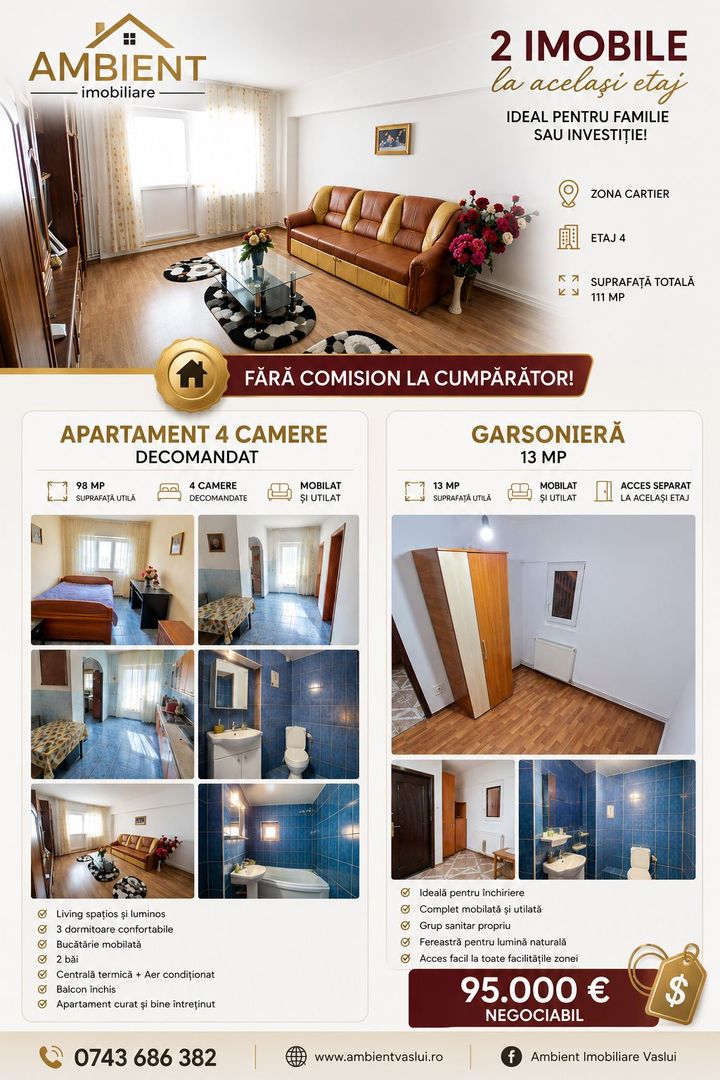 Apartament cu 4 camere + GARSONIERĂ la același etaj – VASLUI, Zona CARTIER - Poză 1