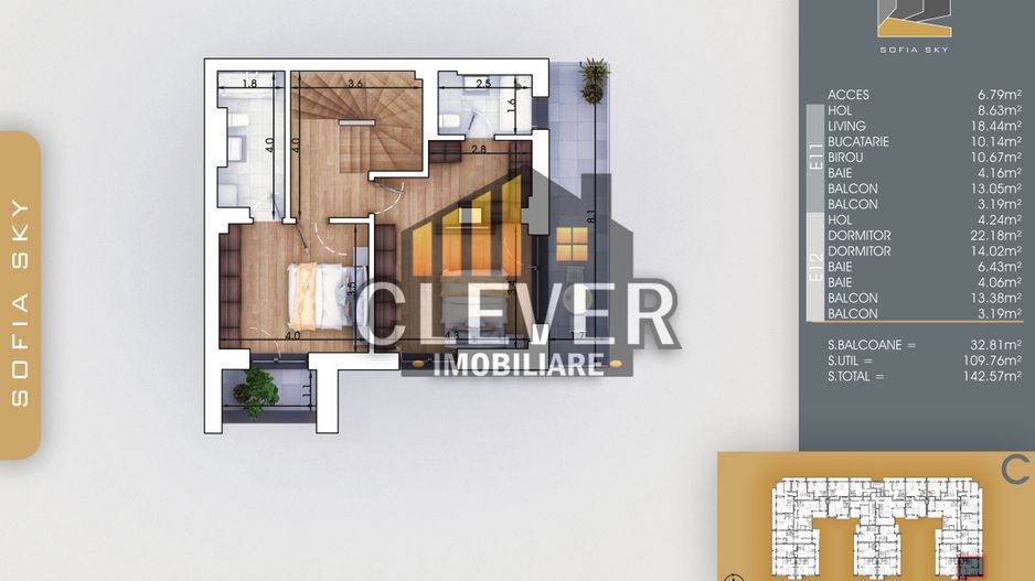 Duplex 4 camere | Terase generoase | Et. 11–12 | Pallady - Schiță 12