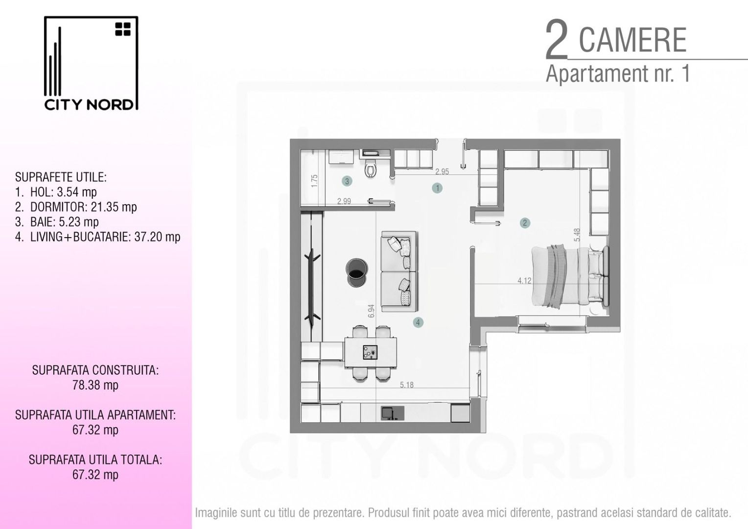 Apartament 1 – 2 camere – 67.3 mp – Parter - Poză 1