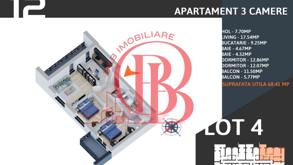 3 camere  2 bai decomandat parcare gratuita demisol - Schiță 1