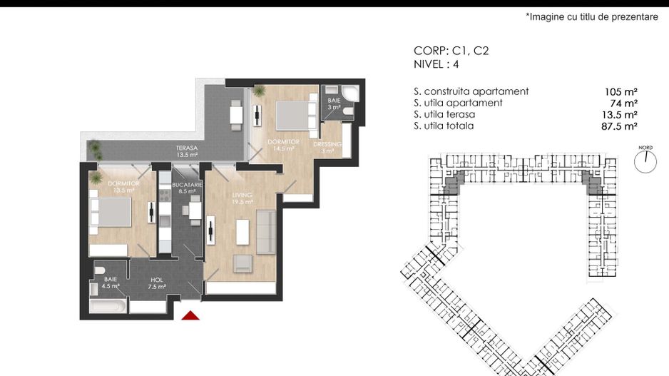 3 camere SU 74 mp + terasa 13.5 mp - Sector 1 - Schiță 14