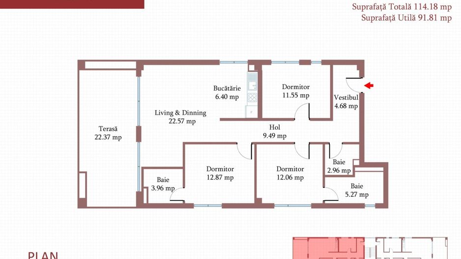 4 camere cu TERASA de 22 mp, 3 bai, etaj 2/3, FINISAT MODERN,  COMISION 0% - Schiță 5